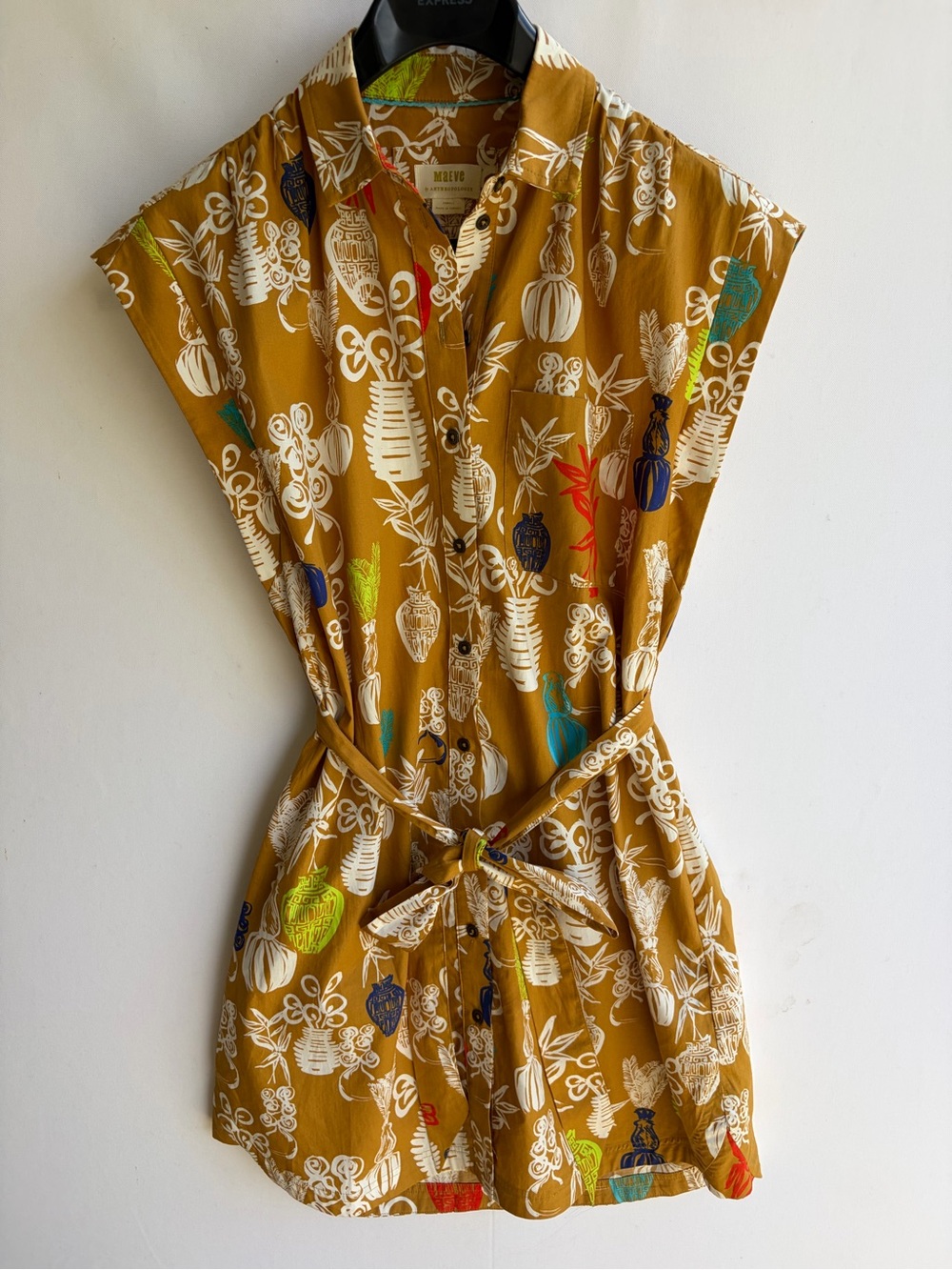 Maeve by Anthropologie Toni Tunic Shirt Dress Mustard Gold Botanical Vase XS